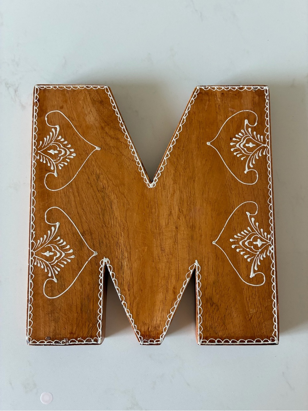 Urban Outfitters Decorative Wooden Letter M with White Folk Art Detailing